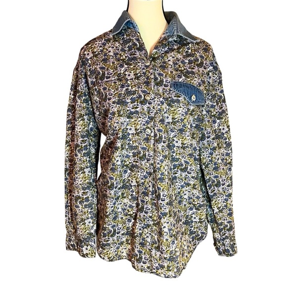 Kikomo Tops - Vintage 90s Oversize Cotton Button Down Shirt Floral Cottagecore Country Medium